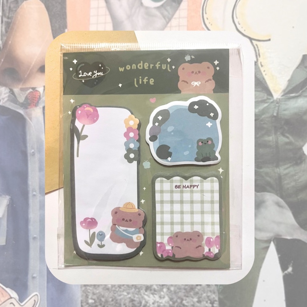 🎉 kawaii green spring bear sticky note set bundle stationery